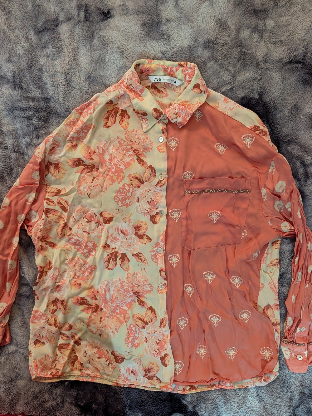 ZARA Women's Silky Floral & Rust Patchwork Button-Up Shirt size 4